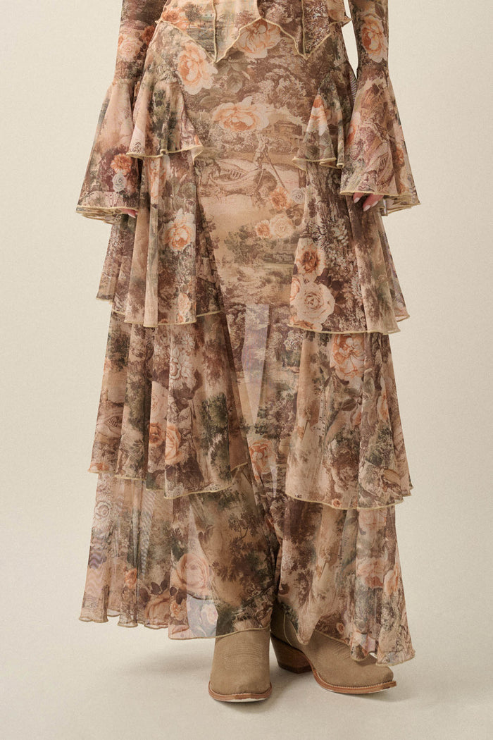 Picture This Floral Mesh Ruffled Cascade Maxi Skirt - ShopPromesa