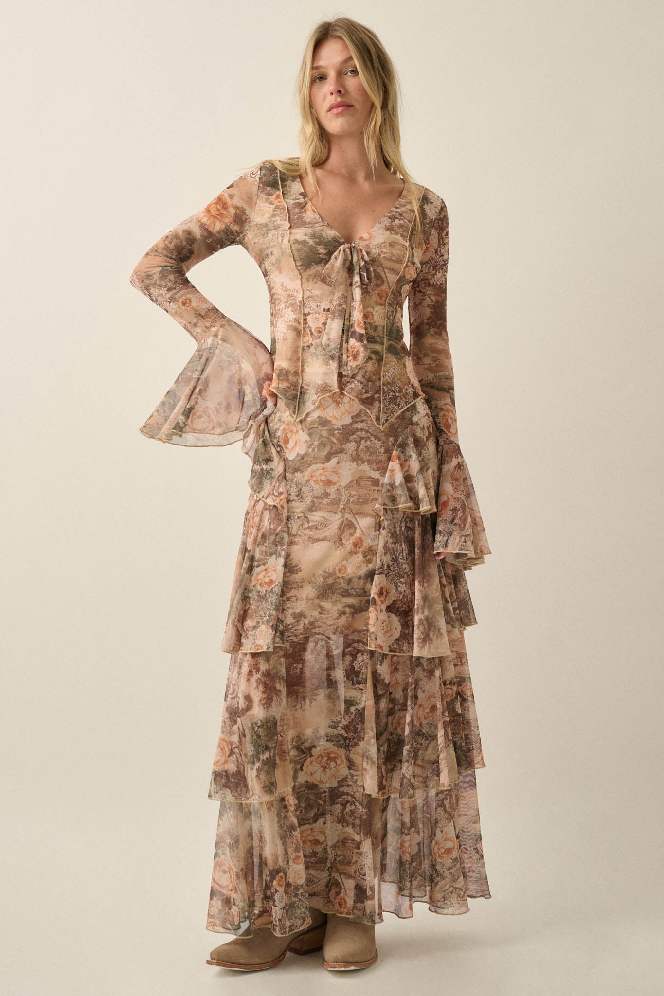 Picture This Floral Mesh Ruffled Cascade Maxi Skirt - ShopPromesa