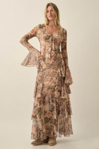 Picture This Floral Mesh Ruffled Cascade Maxi Skirt - ShopPromesa