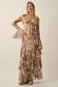 Picture This Floral Mesh Ruffled Cascade Maxi Skirt - ShopPromesa