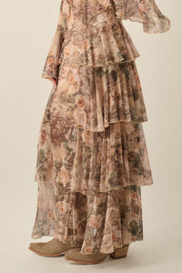 Picture This Floral Mesh Ruffled Cascade Maxi Skirt - ShopPromesa