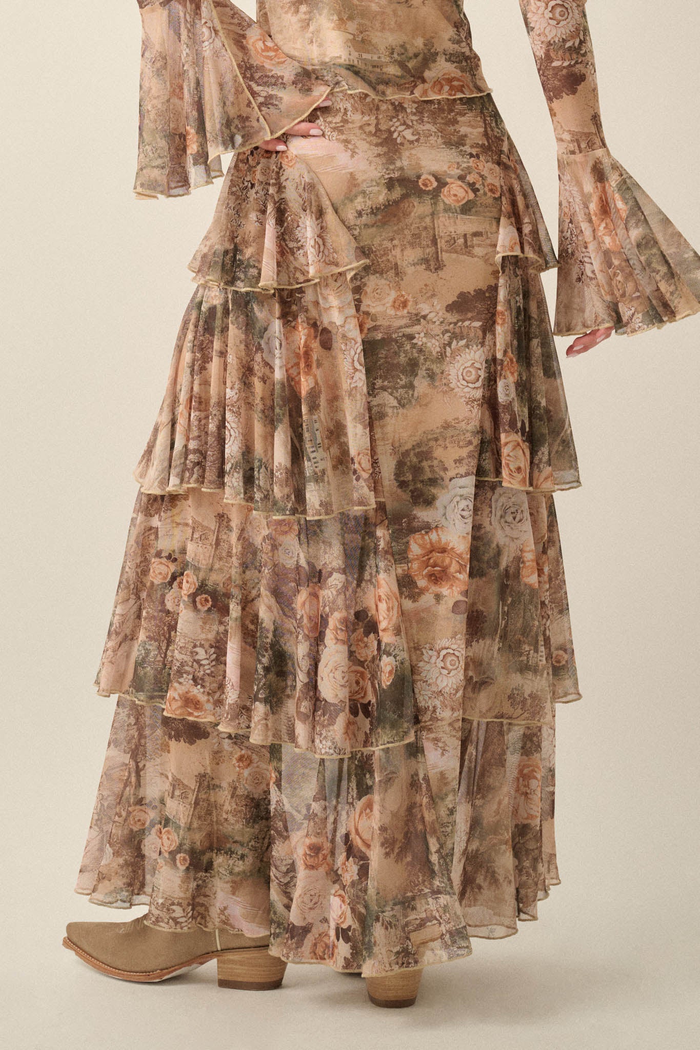 Picture This Floral Mesh Ruffled Cascade Maxi Skirt - ShopPromesa