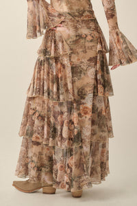 Picture This Floral Mesh Ruffled Cascade Maxi Skirt - ShopPromesa