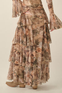 Picture This Floral Mesh Ruffled Cascade Maxi Skirt - ShopPromesa