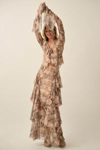 Picture This Floral Mesh Ruffled Cascade Maxi Skirt - ShopPromesa