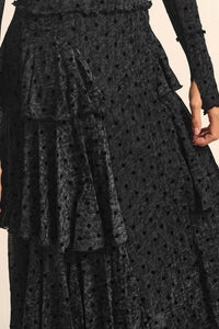 Spot Light Polka Dot Mesh Ruffled Cascade Maxi Skirt - ShopPromesa