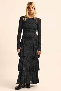 Spot Light Polka Dot Mesh Ruffled Cascade Maxi Skirt - ShopPromesa