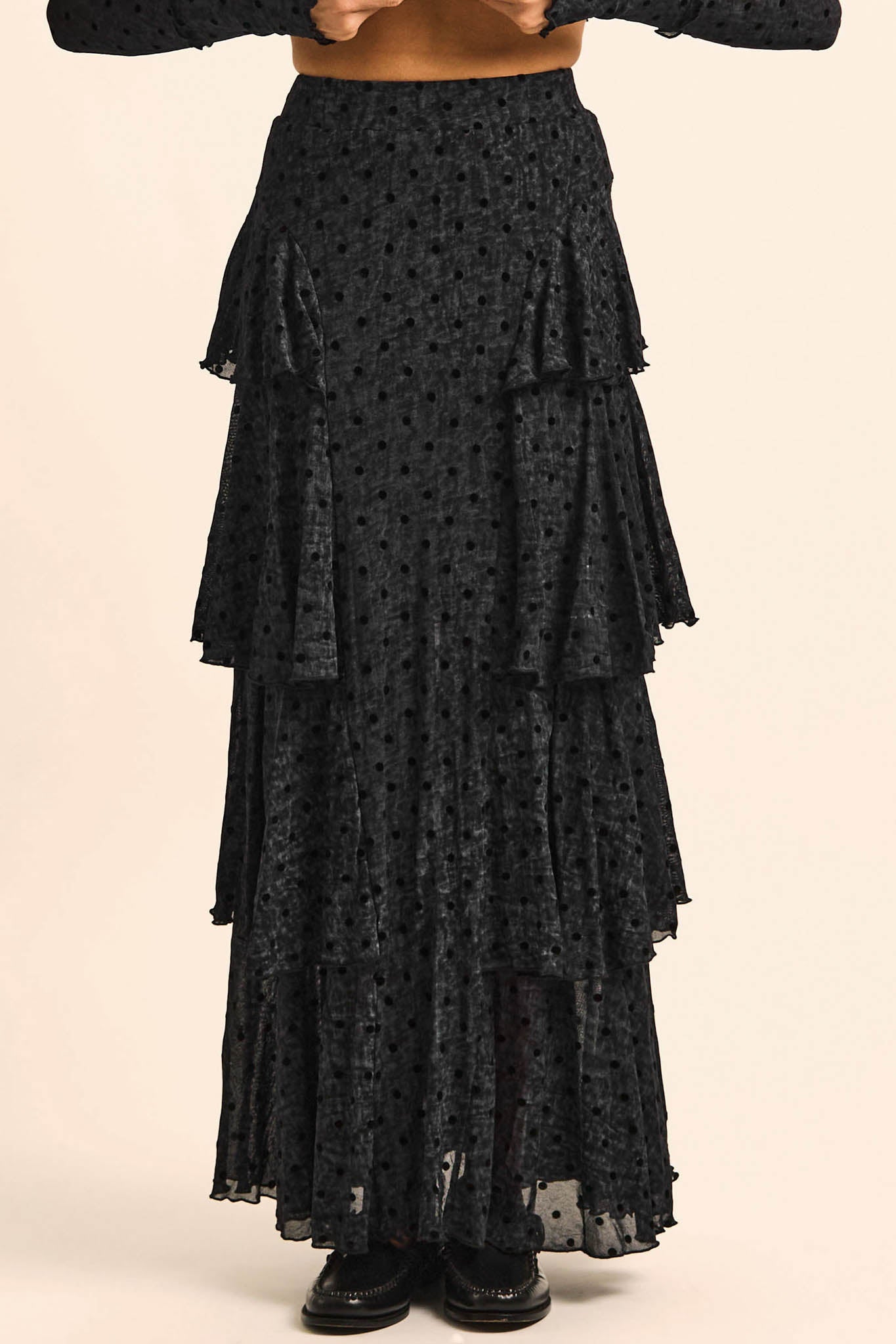 Spot Light Polka Dot Mesh Ruffled Cascade Maxi Skirt - ShopPromesa