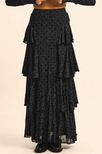 Spot Light Polka Dot Mesh Ruffled Cascade Maxi Skirt - ShopPromesa