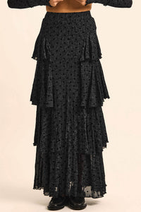 Spot Light Polka Dot Mesh Ruffled Cascade Maxi Skirt - ShopPromesa