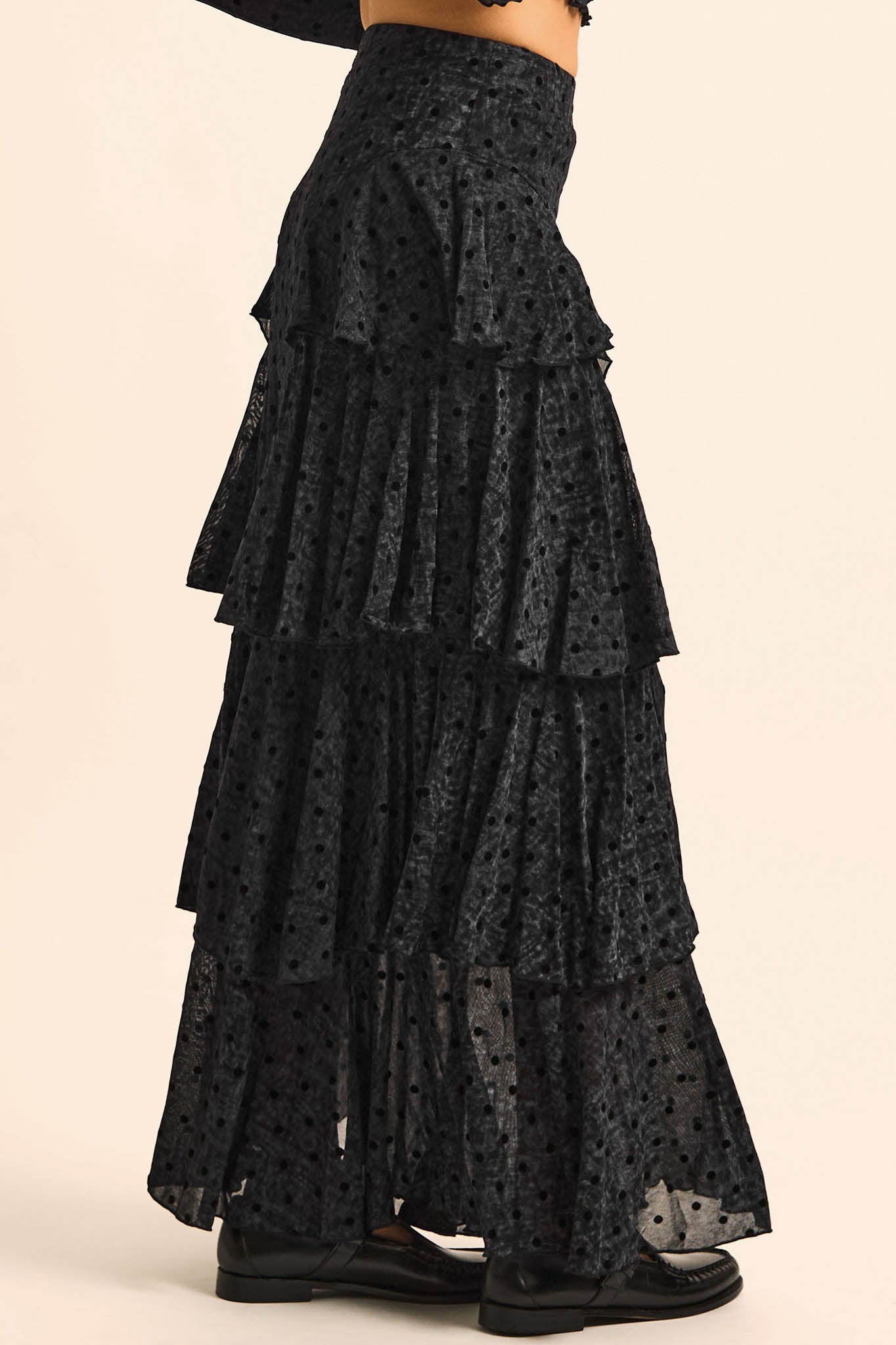 Spot Light Polka Dot Mesh Ruffled Cascade Maxi Skirt - ShopPromesa