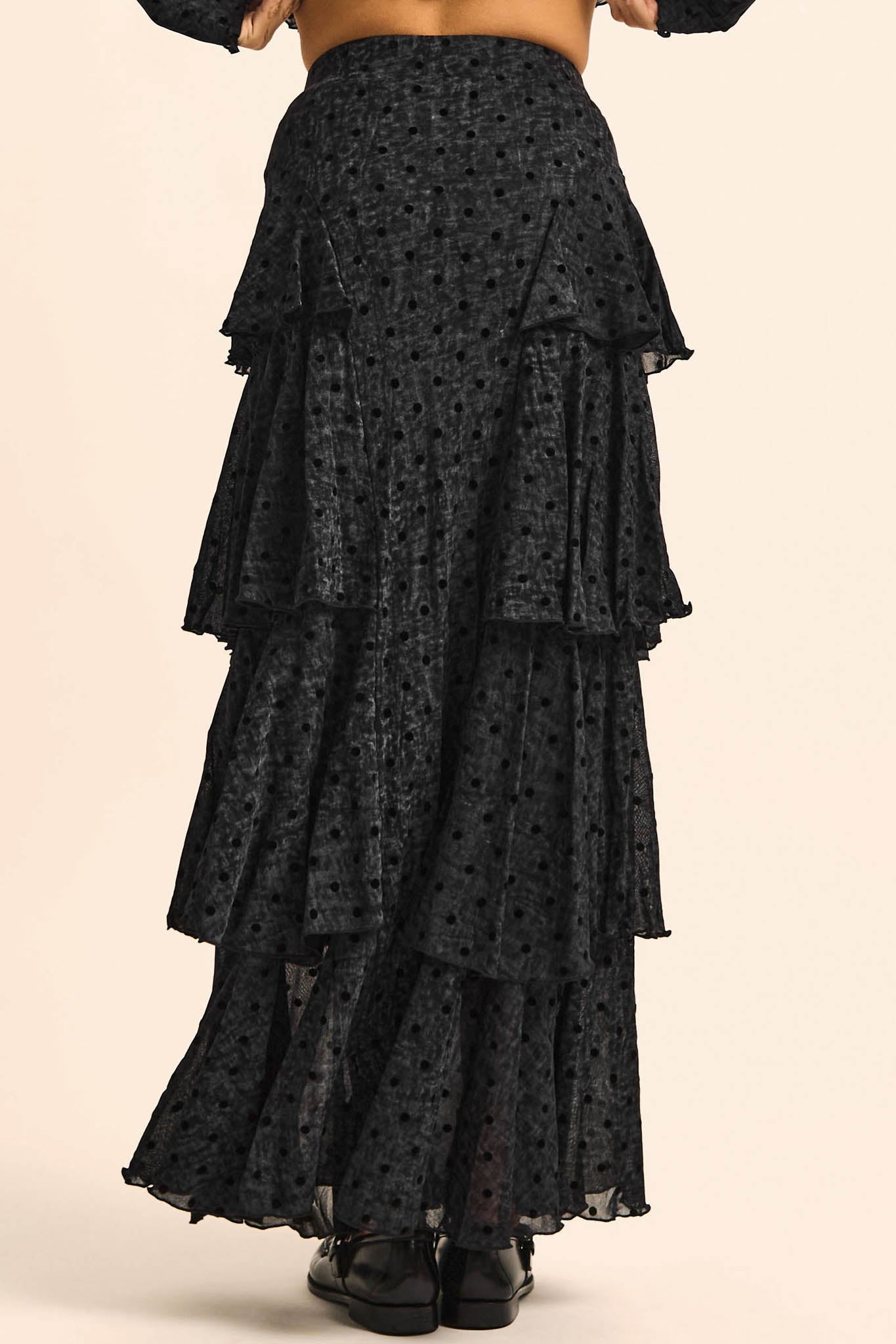Spot Light Polka Dot Mesh Ruffled Cascade Maxi Skirt - ShopPromesa