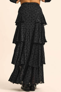 Spot Light Polka Dot Mesh Ruffled Cascade Maxi Skirt - ShopPromesa