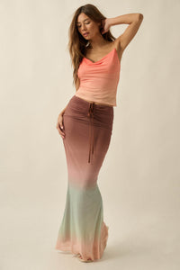 Before Sunset Ombre Mesh Ruched Mermaid Maxi Skirt - ShopPromesa