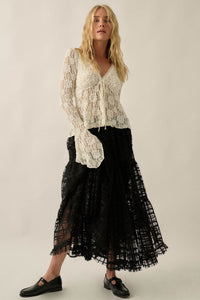Crossed Lines Plaid Tulle Tiered Ruffle Maxi Skirt - ShopPromesa