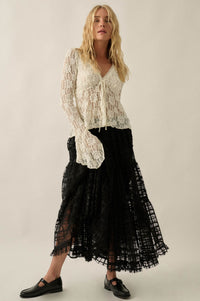 Crossed Lines Plaid Tulle Tiered Ruffle Maxi Skirt - ShopPromesa