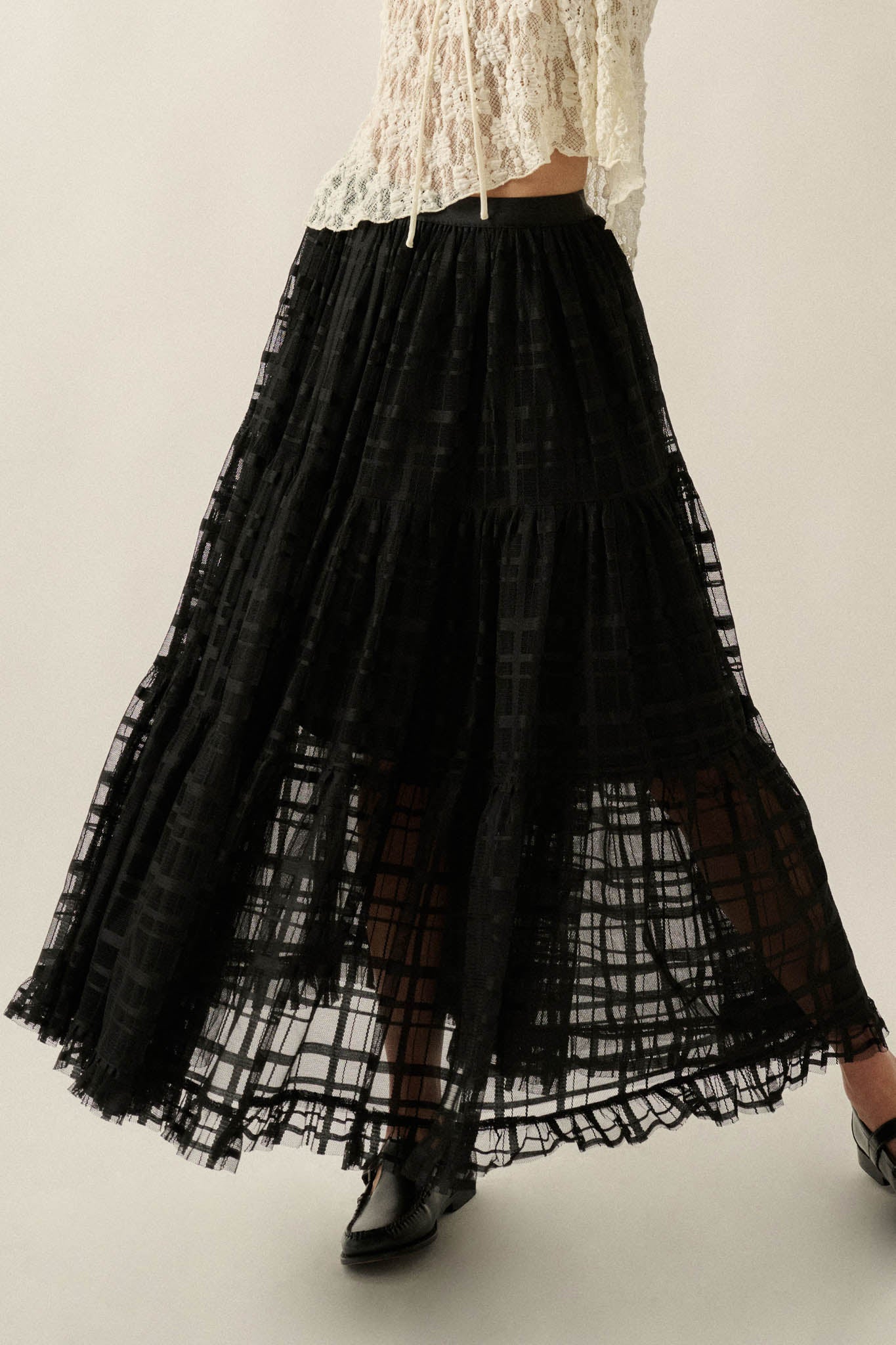 Crossed Lines Plaid Tulle Tiered Ruffle Maxi Skirt - ShopPromesa
