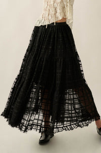 Crossed Lines Plaid Tulle Tiered Ruffle Maxi Skirt - ShopPromesa
