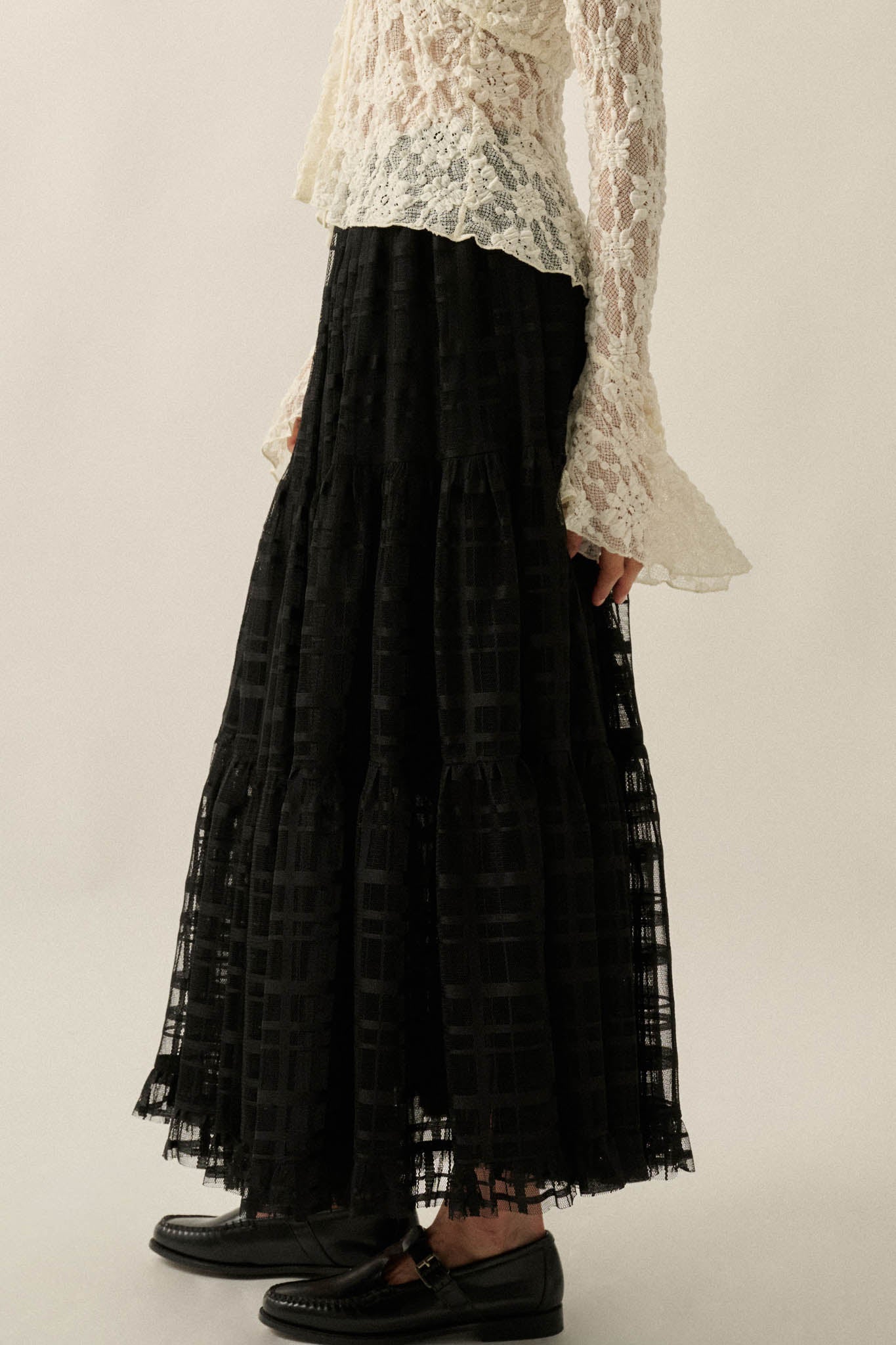Crossed Lines Plaid Tulle Tiered Ruffle Maxi Skirt - ShopPromesa