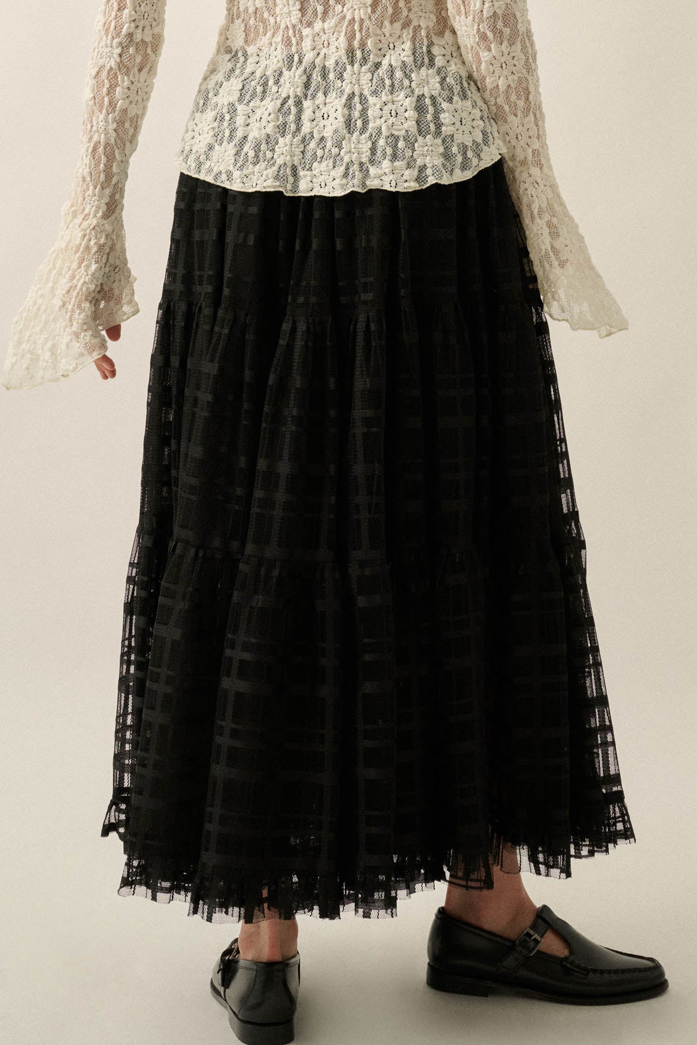 Crossed Lines Plaid Tulle Tiered Ruffle Maxi Skirt - ShopPromesa