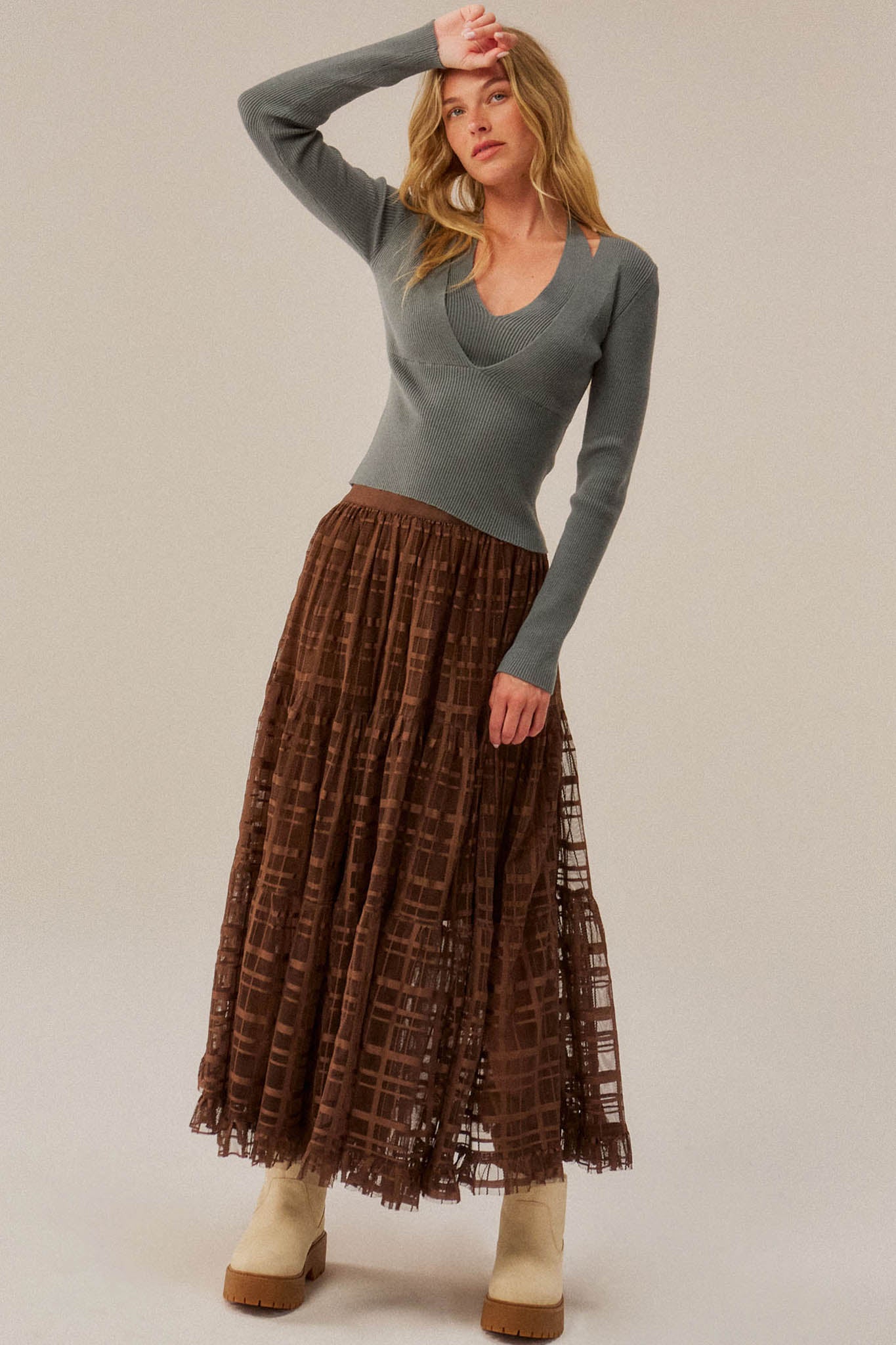 Crossed Lines Plaid Tulle Tiered Ruffle Maxi Skirt - ShopPromesa