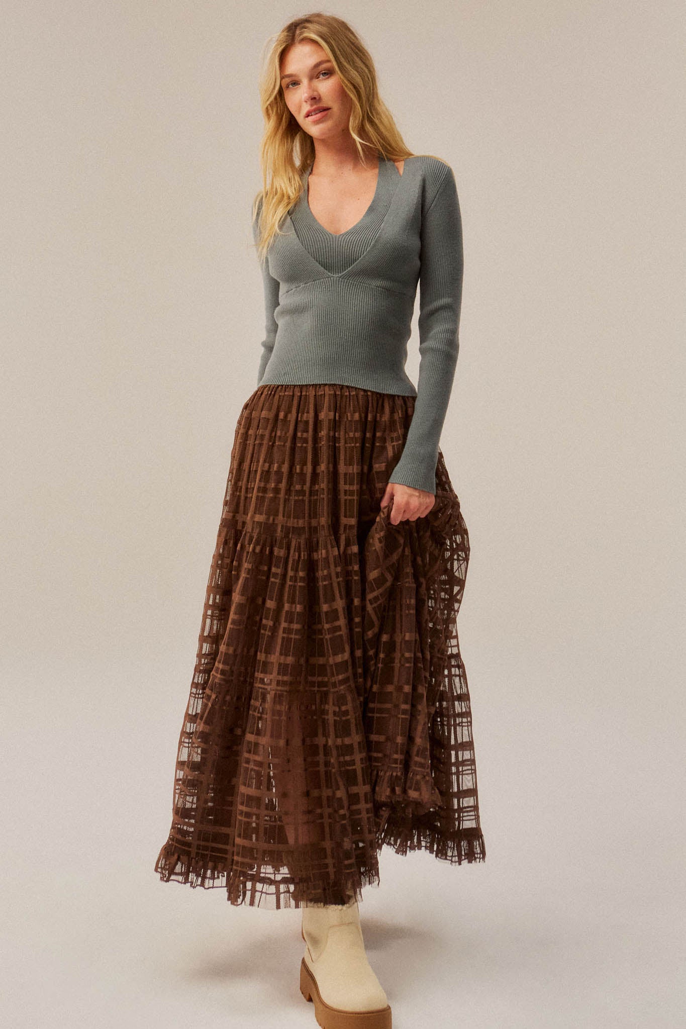Crossed Lines Plaid Tulle Tiered Ruffle Maxi Skirt - ShopPromesa
