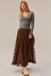 Crossed Lines Plaid Tulle Tiered Ruffle Maxi Skirt - ShopPromesa