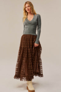 Crossed Lines Plaid Tulle Tiered Ruffle Maxi Skirt - ShopPromesa