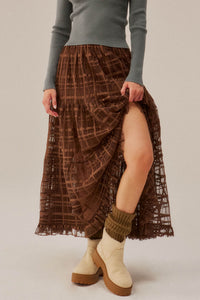 Crossed Lines Plaid Tulle Tiered Ruffle Maxi Skirt - ShopPromesa