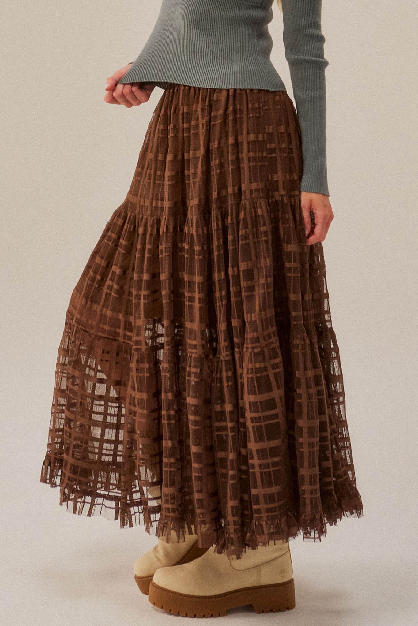 Crossed Lines Plaid Tulle Tiered Ruffle Maxi Skirt - ShopPromesa