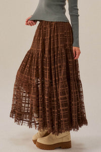 Crossed Lines Plaid Tulle Tiered Ruffle Maxi Skirt - ShopPromesa