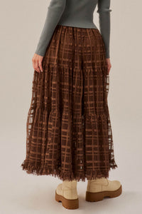 Crossed Lines Plaid Tulle Tiered Ruffle Maxi Skirt - ShopPromesa
