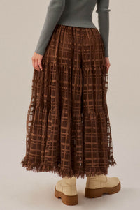 Crossed Lines Plaid Tulle Tiered Ruffle Maxi Skirt - ShopPromesa
