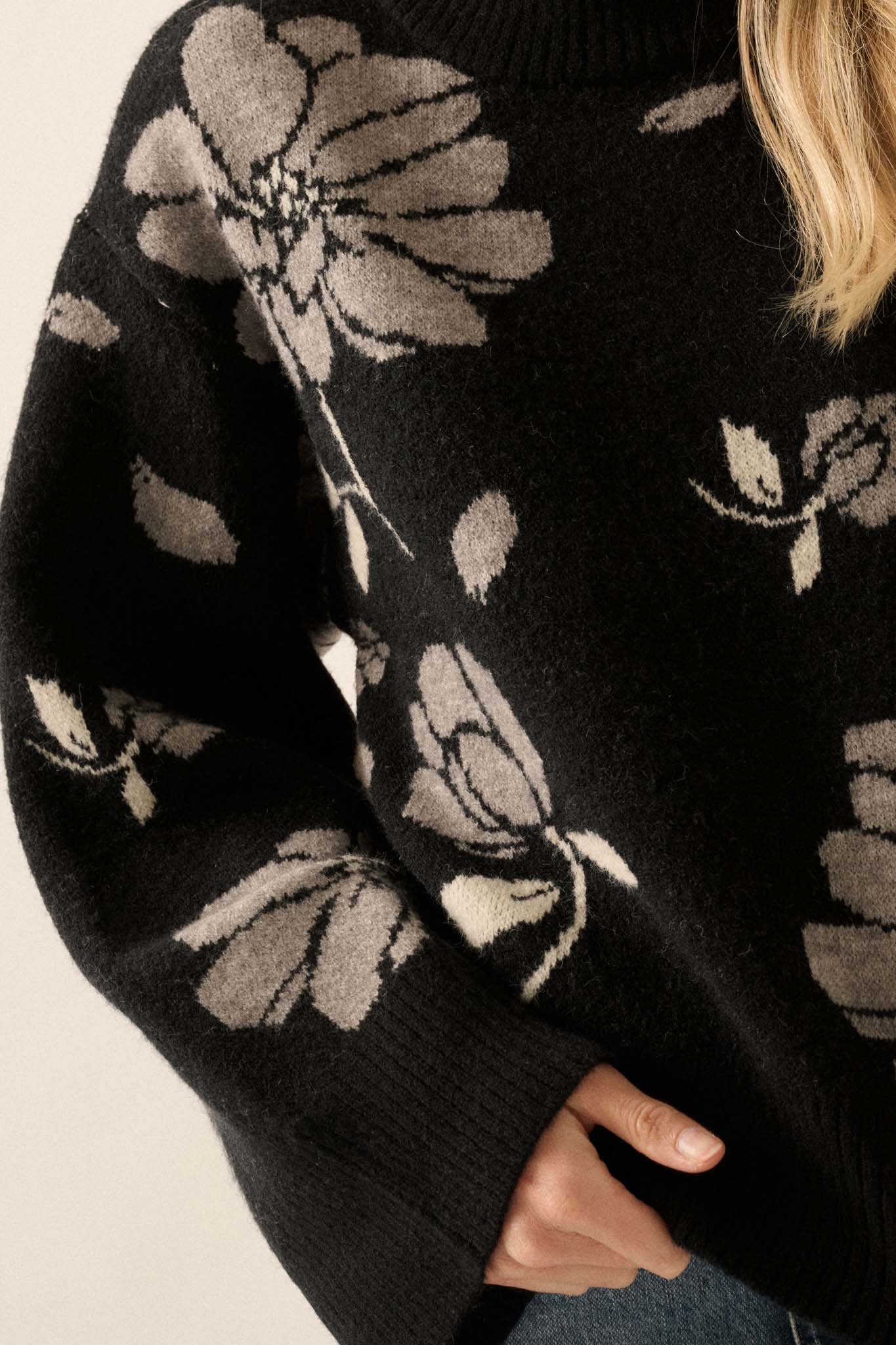 Winter Bouquet Mock-Neck Floral Jacquard Sweater - ShopPromesa