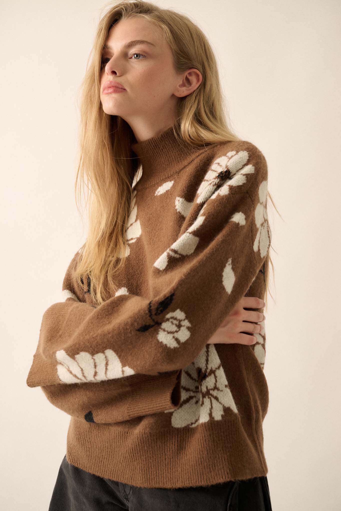 Winter Bouquet Mock-Neck Floral Jacquard Sweater