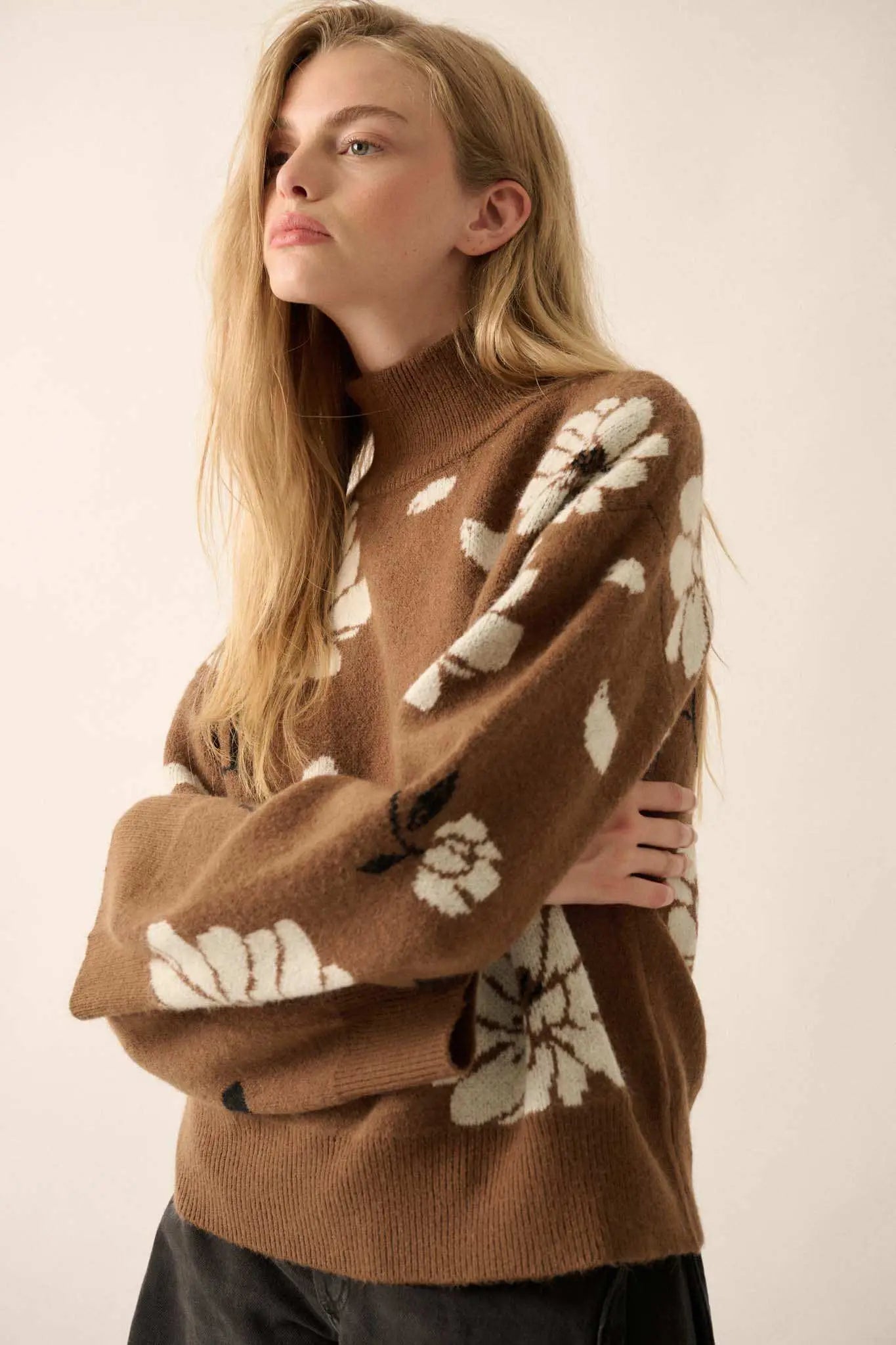 Winter Bouquet Mock-Neck Floral Jacquard Sweater