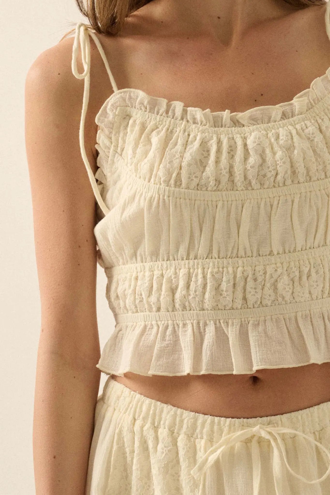 Cream Ruffled Cami Saving Grace Lace and Cotton Ruffle Cami Top