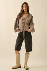 Love Me True Tie-Front Balloon-Sleeve Peasant Top - ShopPromesa