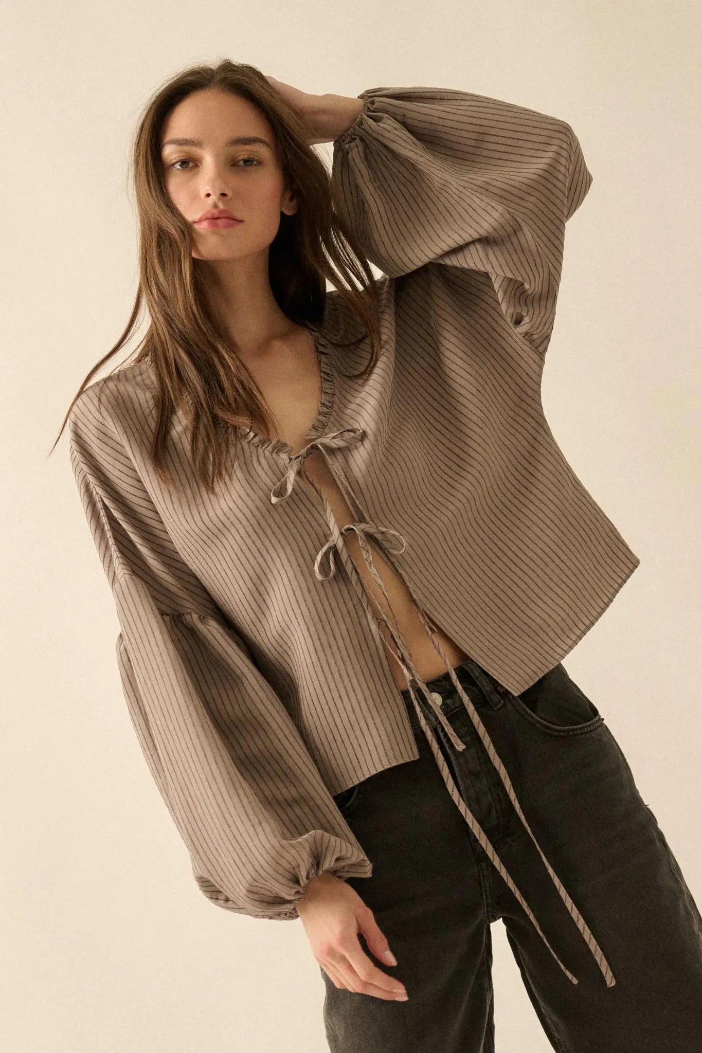 Love Me True Tie-Front Balloon-Sleeve Peasant Top | ShopPromesa