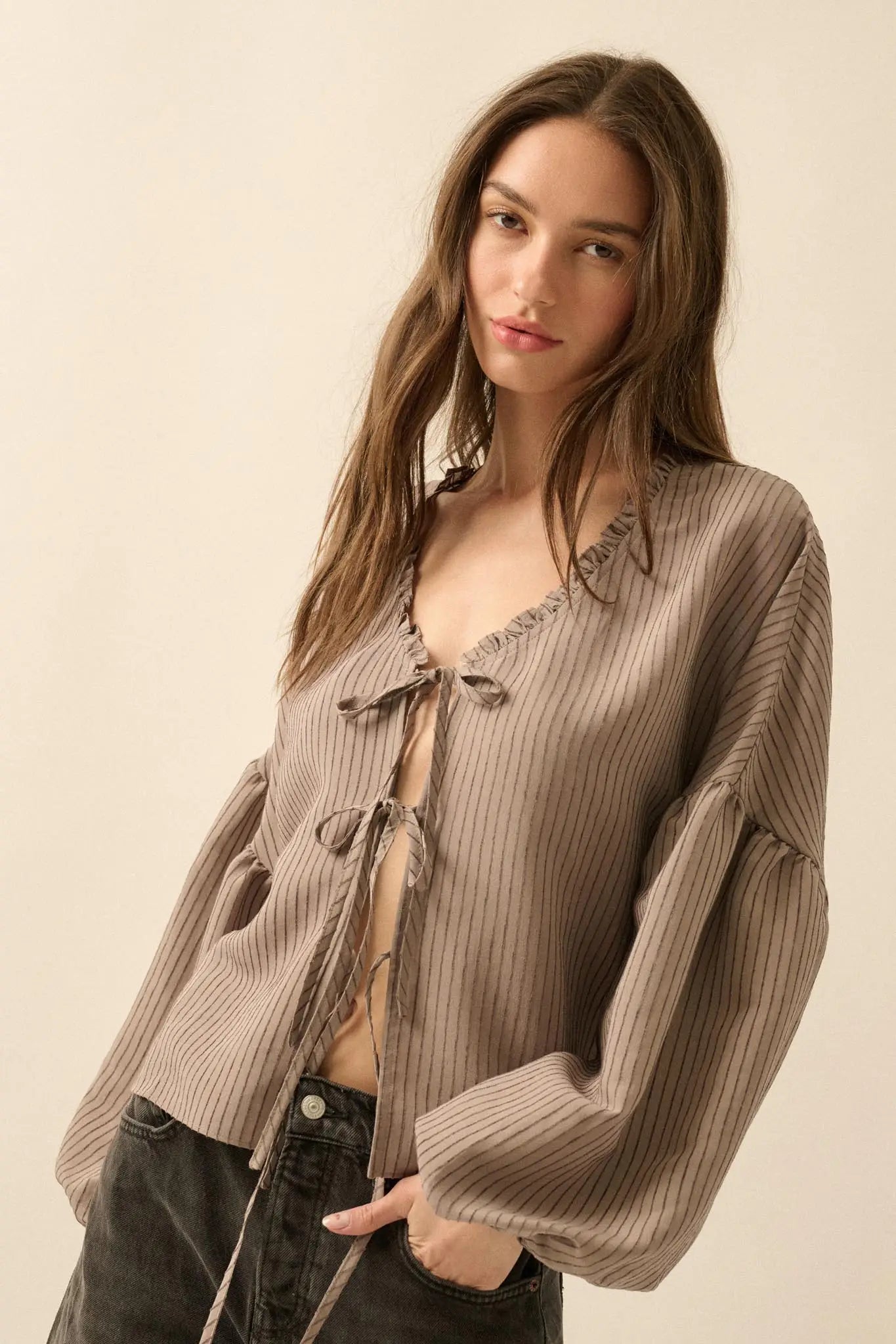 Love Me True Tie-Front Balloon-Sleeve Peasant Top - ShopPromesa