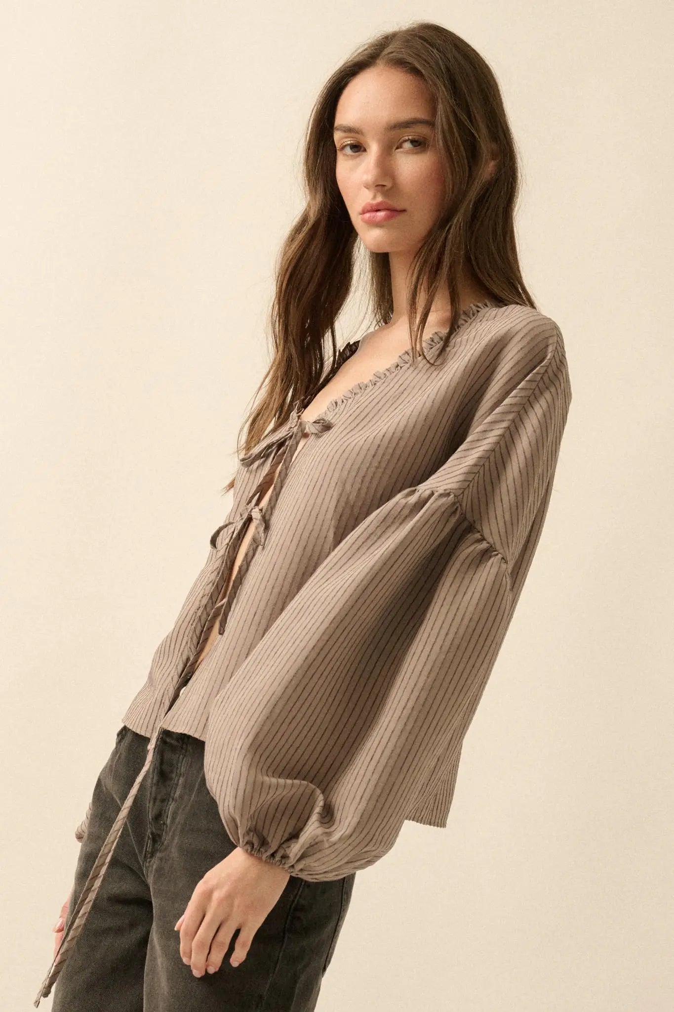 Love Me True Tie-Front Balloon-Sleeve Peasant Top - ShopPromesa