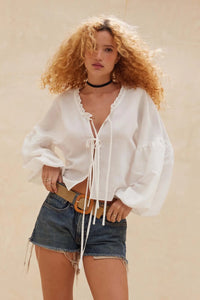 Love Me True Tie-Front Balloon-Sleeve Peasant Top - ShopPromesa