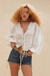 Love Me True Tie-Front Balloon-Sleeve Peasant Top - ShopPromesa