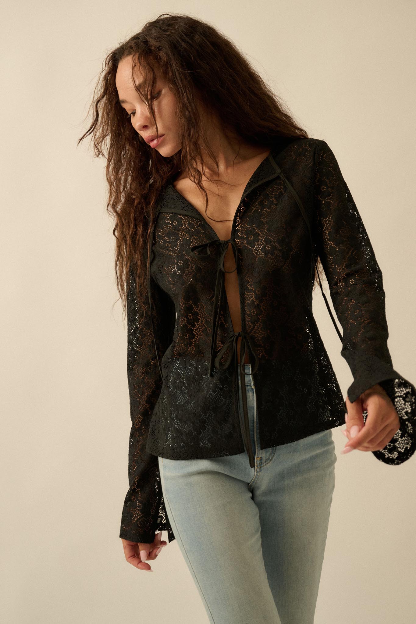 Lost in the Moment Floral Lace Tie-Front Top - ShopPromesa
