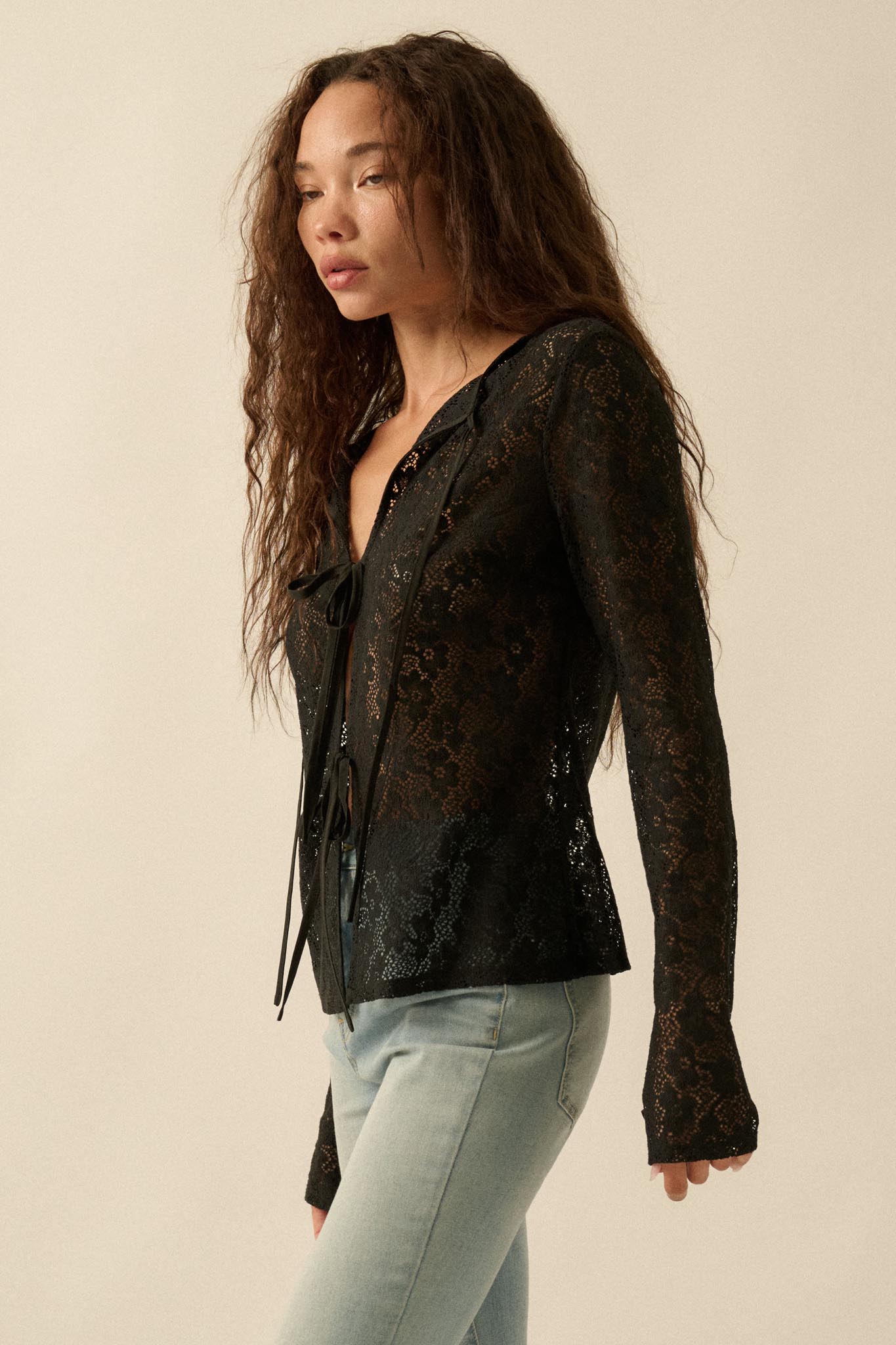 Lost in the Moment Floral Lace Tie-Front Top - ShopPromesa