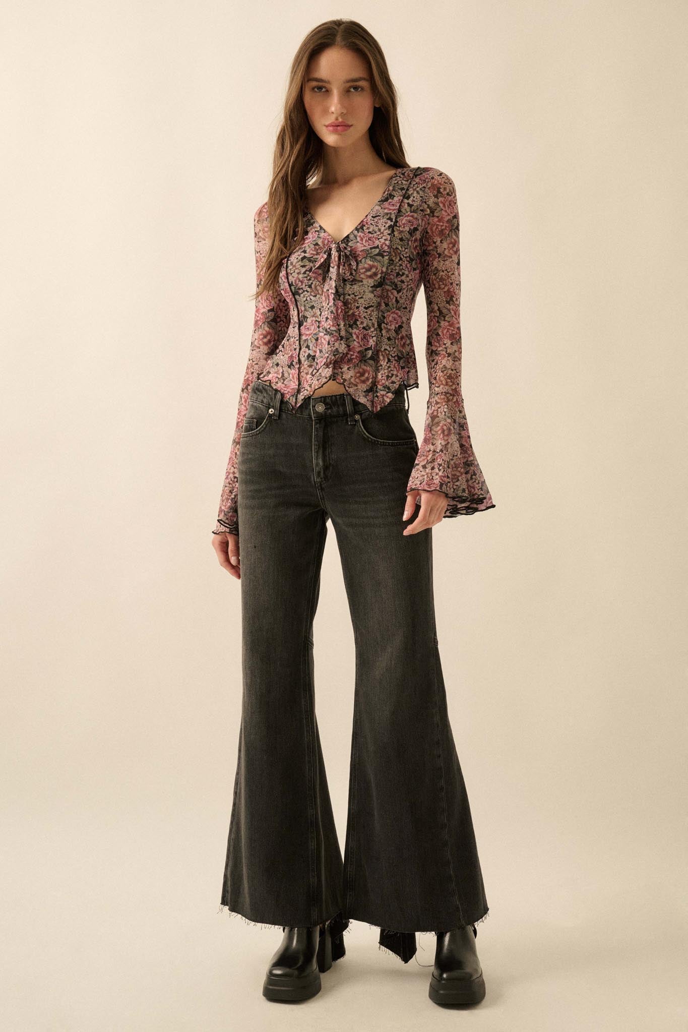 Rose Knows Floral Mesh Tie-Front Bell-Sleeve Top - ShopPromesa