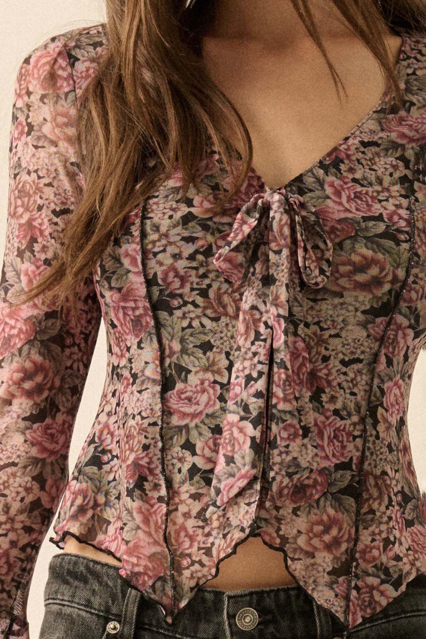 Rose Knows Floral Mesh Tie-Front Bell-Sleeve Top - ShopPromesa
