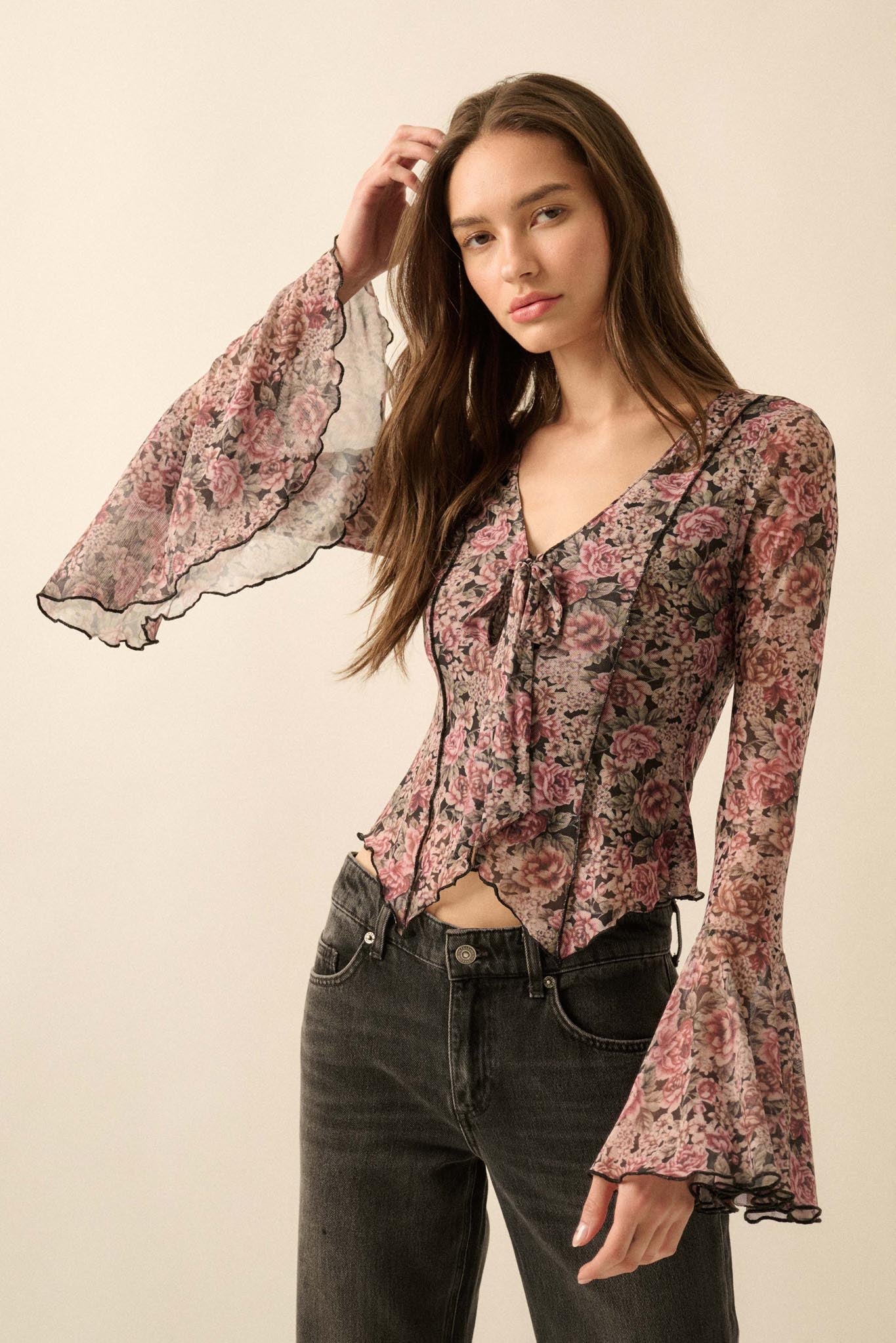 Rose Knows Floral Mesh Tie-Front Bell-Sleeve Top - ShopPromesa