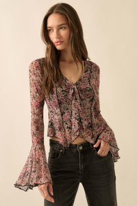 Rose Knows Floral Mesh Tie-Front Bell-Sleeve Top - ShopPromesa