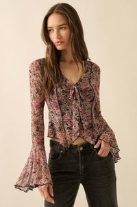 Rose Knows Floral Mesh Tie-Front Bell-Sleeve Top - ShopPromesa